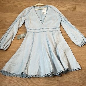 H&M linen-blend dress with lace trim in light blue in size XS